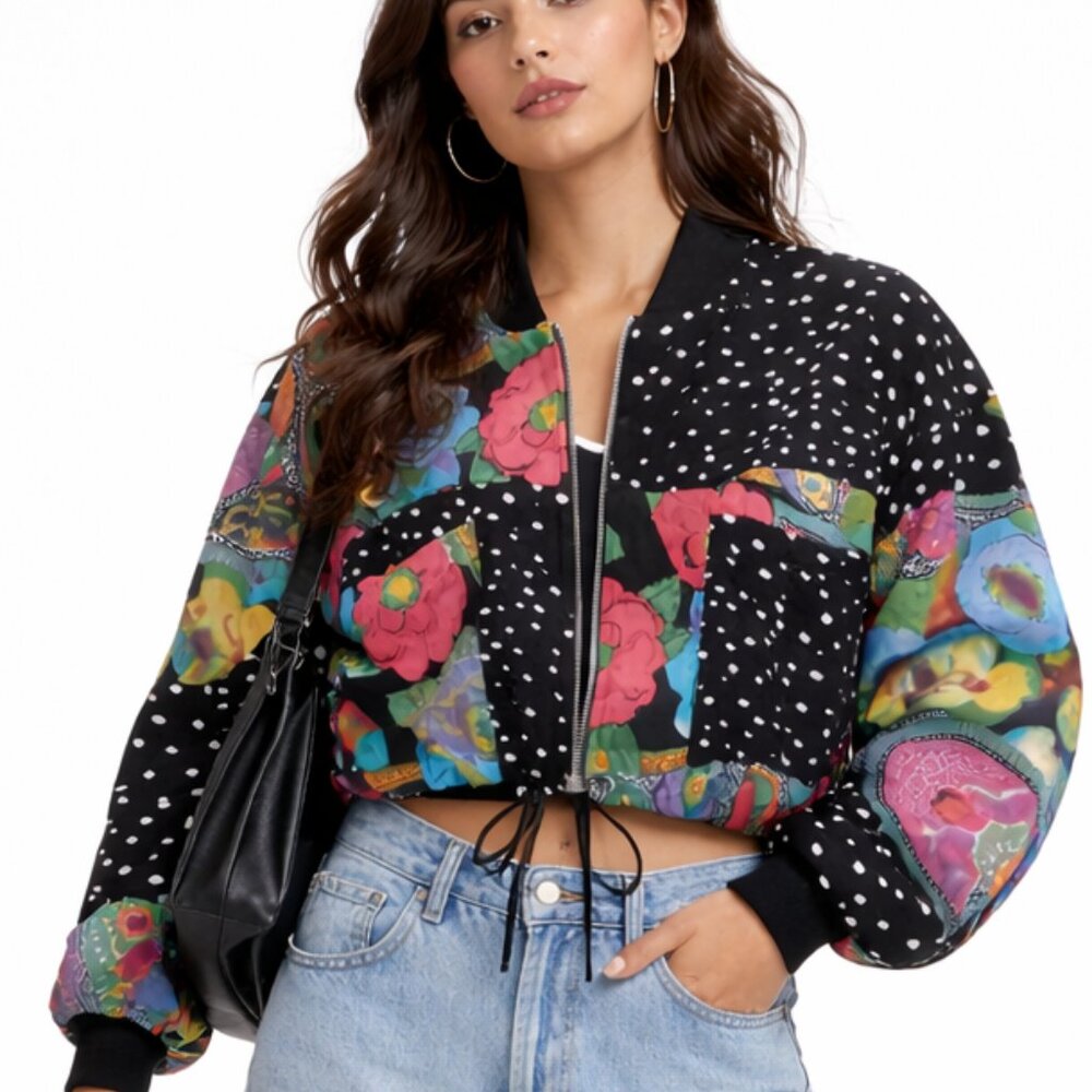 Retro 80/90s Bold Colorful Polka Dot Floral Sequin Bomber Jacket Women Small